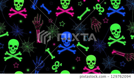Colorful Skull and Crossbones Pattern on Dark...-插圖素材 [129762094] - PIXTA圖庫