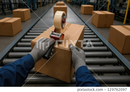 Workers Efficiently Packing and Sealing Cardboard Boxes in a Warehouse During Daytime Operations 129762097