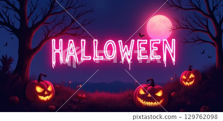 Bright Neon Halloween Sign Glowing Under a Full Moon Amidst Spooky Pumpkins and Bare Trees at Night 129762098