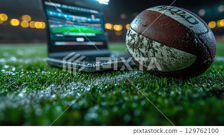 Football and Laptop on the Field at Night Showcasing a Sports Betting or Analysis Setting During a Game Event 129762100
