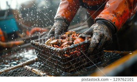 Fisherman Collecting Fresh Crabs in a Wet Coastal Environment Early in the Morning 129762101