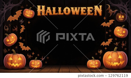 Colorful Halloween Decoration Featuring Pumpkins and Bats in a Festive Setting Colorful Halloween Decoration Featuring Pumpkins and Bats in a Festive Setting 129762119