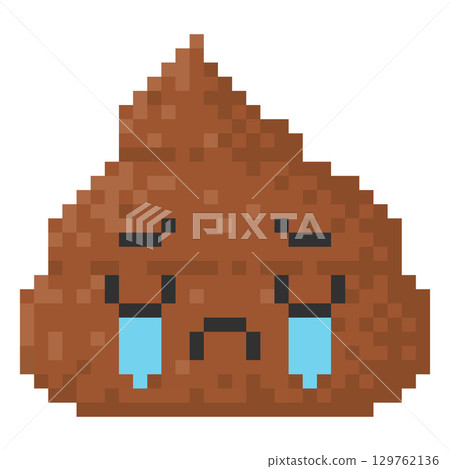 Cry unhappy poop emoji emoticon vector pixel art, sad face poo turd heap with tears flow and open mouth, bad mood shit 129762136