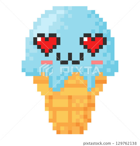 Ice cream in wafer cone kawaii emoji emoticon heart shaped eyes pixel art, vector 8 bit frozen dessert love expression Ice cream in wafer cone kawaii emoji emoticon heart shaped eyes pixel art, vector 8 bit frozen dessert love expression 129762138