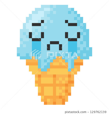 Cry ice cream in wafer cone kawaii emoji emoticon pixel art icon, vector 8bit retro unhappy trouble face with tears flow Cry ice cream in wafer cone kawaii emoji emoticon pixel art icon, vector 8bit retro unhappy trouble face with tears flow 129762139