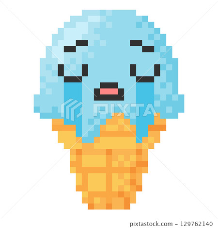Cry ice cream in wafer cone kawaii emoji emoticon pixel art, vector 8 bit retro unhappy face with streams of tears Cry ice cream in wafer cone kawaii emoji emoticon pixel art, vector 8 bit retro unhappy face with streams of tears 129762140