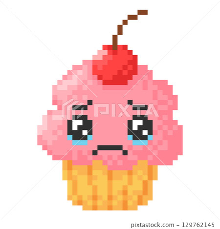 Cry offended cupcake with cherry berry, kawaii sad face with tears emoji emoticon pixel art, vector unhappy weep mood Cry offended cupcake with cherry berry, kawaii sad face with tears emoji emoticon pixel art, vector unhappy weep mood 129762145
