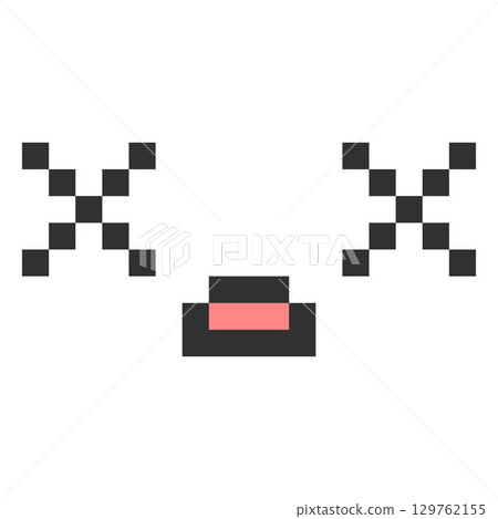 Shocked kawaii emoji emoticon vector pixel art, black outline 8 bit surprised expression face cross eyes and open mouth 129762155