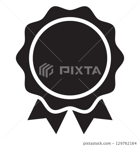 Round badge with ribbon bent, vector high qualification seal emblem, premium quality black medal stamp, achievement mark 129762164