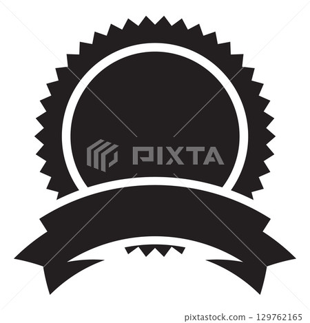 Premium quality round badge with ribbon bent, vector high qualification seal emblem, black medal stamp, achievement mark 129762165