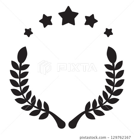 Black silhouette of round empty frame with laurel leaves and stars. 129762167