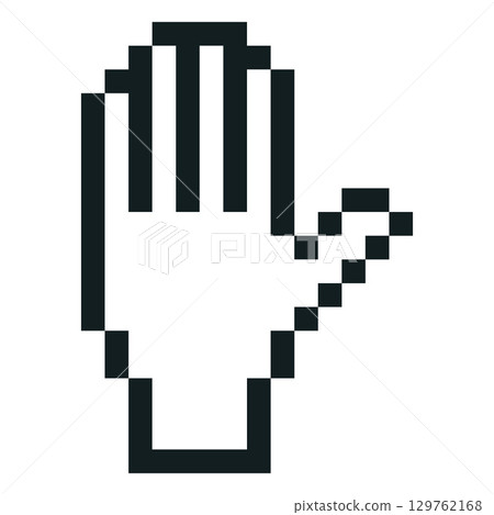 Five fingers hand showing gesture vector pixel art icon, black outline 8 bit retro greeting human palm, outstretched arm 129762168