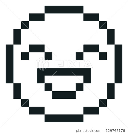 Happy emoji emoticon vector pixel art, black outline 8bit smile face, cute funny positive retro bitmap avatar open mouth 129762176