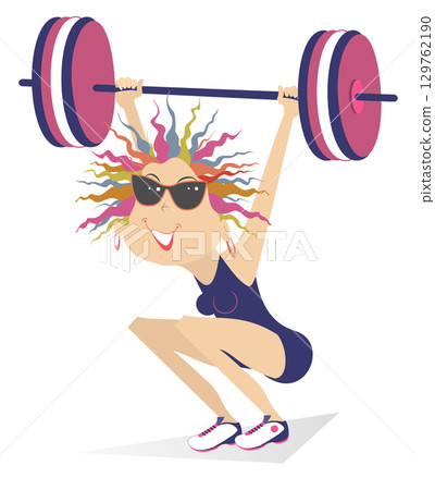 Cartoon woman weightlifter. Woman lifting heavy barbell during workout. Female weightlifter training strength gym sport. Cartoon athlete performing powerlifting 129762190