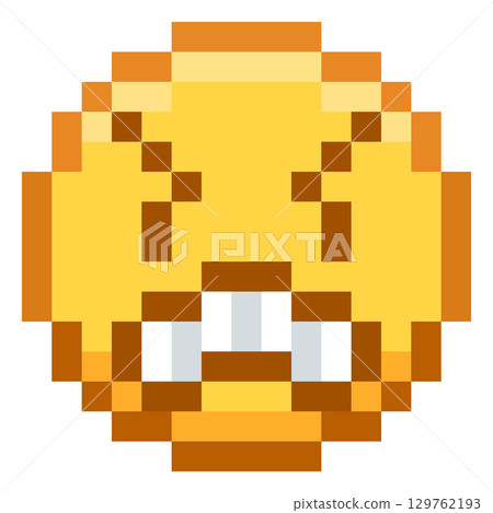 Angry emoji emoticon vector pixel art, color retro grumpy face with frowning eyes and open mouth, horrible expression Angry emoji emoticon vector pixel art, color retro grumpy face with frowning eyes and open mouth, horrible expression 129762193