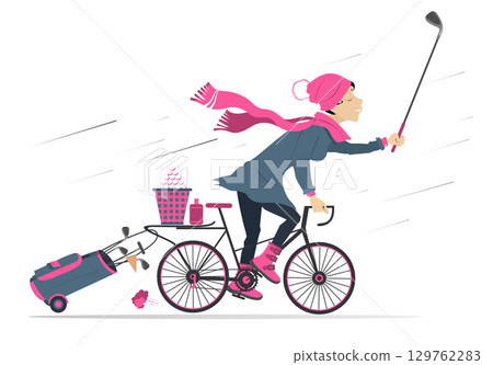 Cold weather. Golfer woman rides to the golf course on a bicycle. Rainy and windy day. Young golfer woman in the hat and scarf rides to play golf on the bicycle. White background Cold weather. Golfer woman rides to the golf course on a bicycle. Rainy and windy day. Young golfer woman in the hat and scarf rides to play golf on the bicycle. White background 129762283