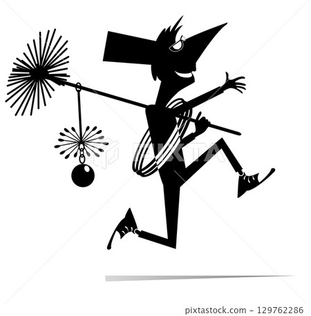 Cartoon running chimney sweeper. Funny running chimney sweeper in the top hat with a rope, chimney brush and ladder. Black and white illustration 129762286