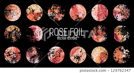 Grunge rose gold foil, shiny handmade circles. Golden glittering texture, pattern. Luxury shining hand drawn background. Wedding, greeting card decoration elements. Modern art. Vector illustration 129762347