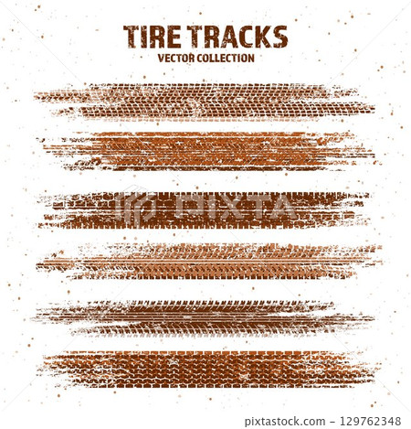 Grunge tire tracks with mud splatters, dirty wheel braking marks. Truck, car, or motorcycle tread pattern silhouettes. Perfect for off-road, motorsport, and racing designs. Vector illustration Grunge tire tracks with mud splatters, dirty wheel braking marks. Truck, car, or motorcycle tread pattern silhouettes. Perfect for off-road, motorsport, and racing designs. Vector illustration 129762348