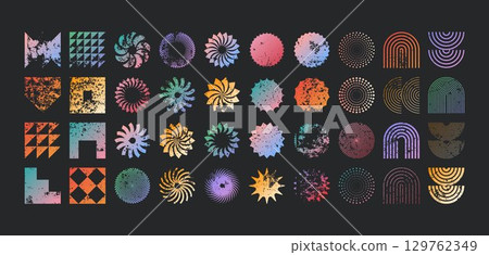 Brutalist geometric shapes, modern grunge symbols. Simple primitive elements and forms, distressed details. Retro design, aged, vintage, trendy contemporary minimalist style, y2k. Vector illustration Brutalist geometric shapes, modern grunge symbols. Simple primitive elements and forms, distressed details. Retro design, aged, vintage, trendy contemporary minimalist style, y2k. Vector illustration 129762349