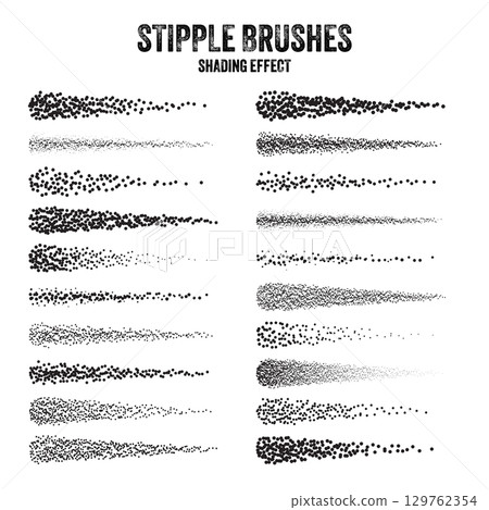 Ink scatter brush, stipple drawing and texturing. Fading gradient. Stippling, dotwork drawing, shading using dots. Halftone disintegration effect. White noise grainy texture. Vector illustration Ink scatter brush, stipple drawing and texturing. Fading gradient. Stippling, dotwork drawing, shading using dots. Halftone disintegration effect. White noise grainy texture. Vector illustration 129762354