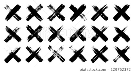 Grunge crosses, brush strokes, x mark, lines, ink smudges, hand-drawn scribble shapes. Handmade sketchy marks, acrylic stains, charcoal streaks. Paint textures, dry brush effect. Vector illustration 129762372