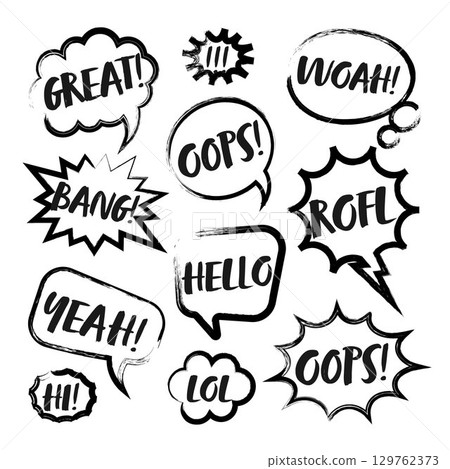 Grunge comic speech bubbles with handwritten text, brush strokes, ink smudges, acrylic stains or charcoal streaks. Hand drawn retro cartoon stickers. Chatting, message box. Vector illustration 129762373