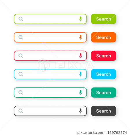 Various search bar templates. Internet browser engine with search box, address bar and text field. UI design, website interface element with web icons and push button. Vector illustration Various search bar templates. Internet browser engine with search box, address bar and text field. UI design, website interface element with web icons and push button. Vector illustration 129762374
