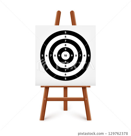 Shooting range target on a wooden easel stand. Paper target with divisions, marks and numbers. Archery, gun shooting and training, sport competition, hunting. Bullseye and aim. Vector illustration 129762378