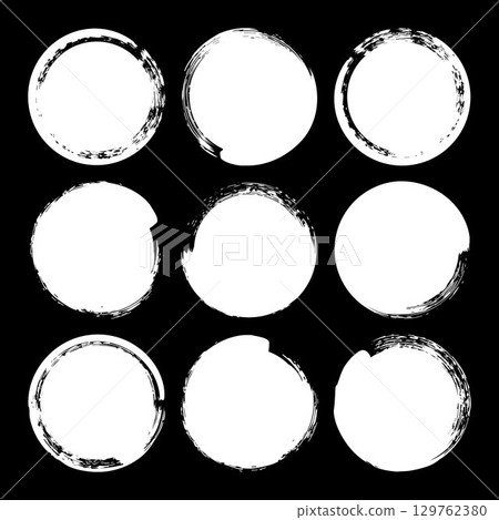 Grunge circles, brush strokes, lines, ink smudges, hand-drawn scribble shapes. Handmade sketchy marks, acrylic stains, charcoal streaks. Paint textures, dry brush effect. Vector illustration 129762380