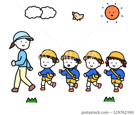 Kids walking with teacher in matching clothes 129762390