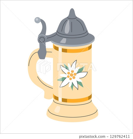 Traditional German Beer Stein with Edelweiss Flower and Pewter Lid Oktoberfest Bavarian Souvenir Icon Isolated on White Background Vector Illustration Traditional German Beer Stein with Edelweiss Flower and Pewter Lid Oktoberfest Bavarian Souvenir Icon Isolated on White Background Vector Illustration 129762411