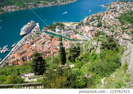 aerial panoramic over Kotor bay on the coast of Montenegro, in Adriatic Sea 129762423