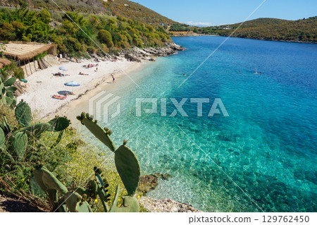 Porto Palermo beach near to Himara, Albanian riviera. panoramic in summer day 129762450