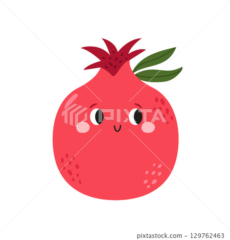 Vector Illustration of Funny Pomegranate Character with Happy Face in Cute Flat Style, Playful Cartoon Fruit 129762463
