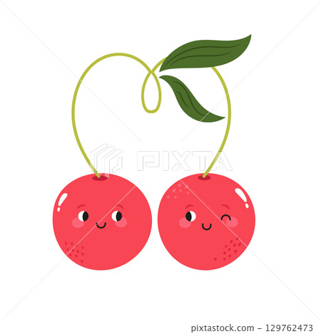 Vector Illustration of Funny Cherry Characters with Happy Faces in Cute Flat Style, Playful Cartoon Fruit 129762473