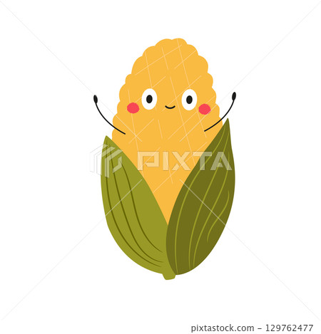 Vector Illustration of Funny Corn Character with Happy Face in Cute Flat Style, Playful Cartoon Vegetable Vector Illustration of Funny Corn Character with Happy Face in Cute Flat Style, Playful Cartoon Vegetable 129762477