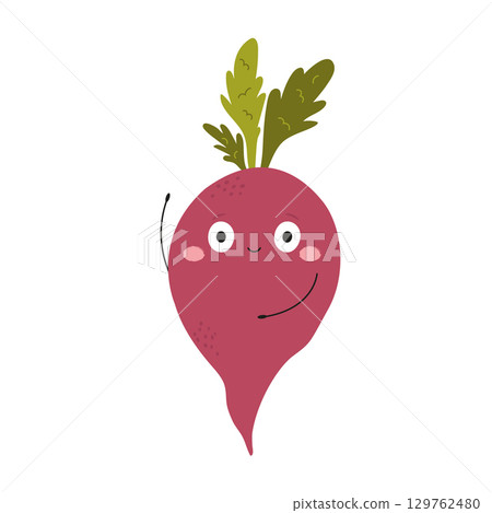 Vector Illustration of Funny Beet Character with Happy Face in Cute Flat Style, Playful Cartoon Vegetable 129762480