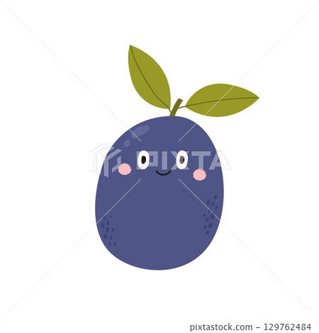 Vector Illustration of Funny Plum Character with Happy Face in Cute Flat Style, Playful Cartoon Fruit Vector Illustration of Funny Plum Character with Happy Face in Cute Flat Style, Playful Cartoon Fruit 129762484