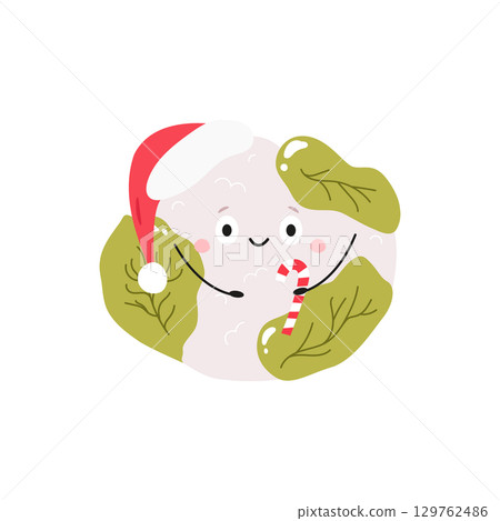 Vector Illustration of Funny Cauliflower Character with Santa Hat and Candy Cane in Cute Flat Style. 129762486