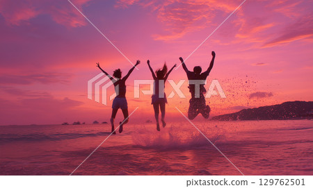 Friends jumping at the beach at sunset: A touching moment of youth and friendship 129762501