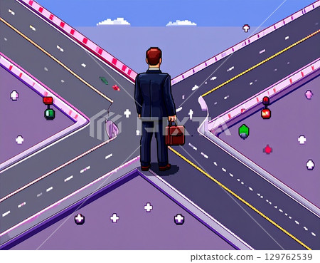 Illustration of a businessman at a crossroads in life Illustration of a businessman at a crossroads in life 129762539