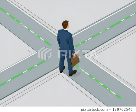 Illustration of a businessman at a crossroads in life Illustration of a businessman at a crossroads in life 129762545