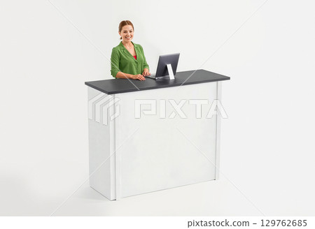 Woman standing near white promo counter mockup, ai generated 129762685