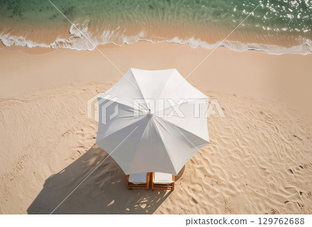 Blank white opened beach umbrella mockup, ai generated 129762688