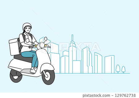 Illustration of a female food delivery person riding a moped Illustration of a female food delivery person riding a moped 129762738