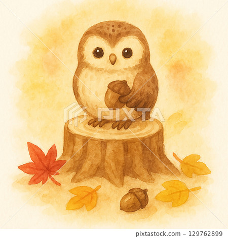 Owl, stump and fallen leaves watercolor cutout 129762899