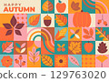 Happy autumn, horizontal geometric banner.Fall poster with different leaves, symbols of autumn-rowan berries, pumpkin,apple, sunflower,corn.Template for harvest festival or Thanksgiving day.Vector 129763020