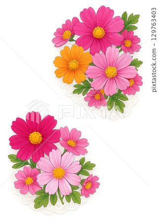 可愛的波斯菊和蕾絲花角框 可愛的波斯菊和蕾絲花角框 129763403