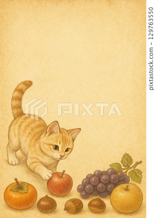 秋天的水果和棕色虎斑貓垂直 129763550